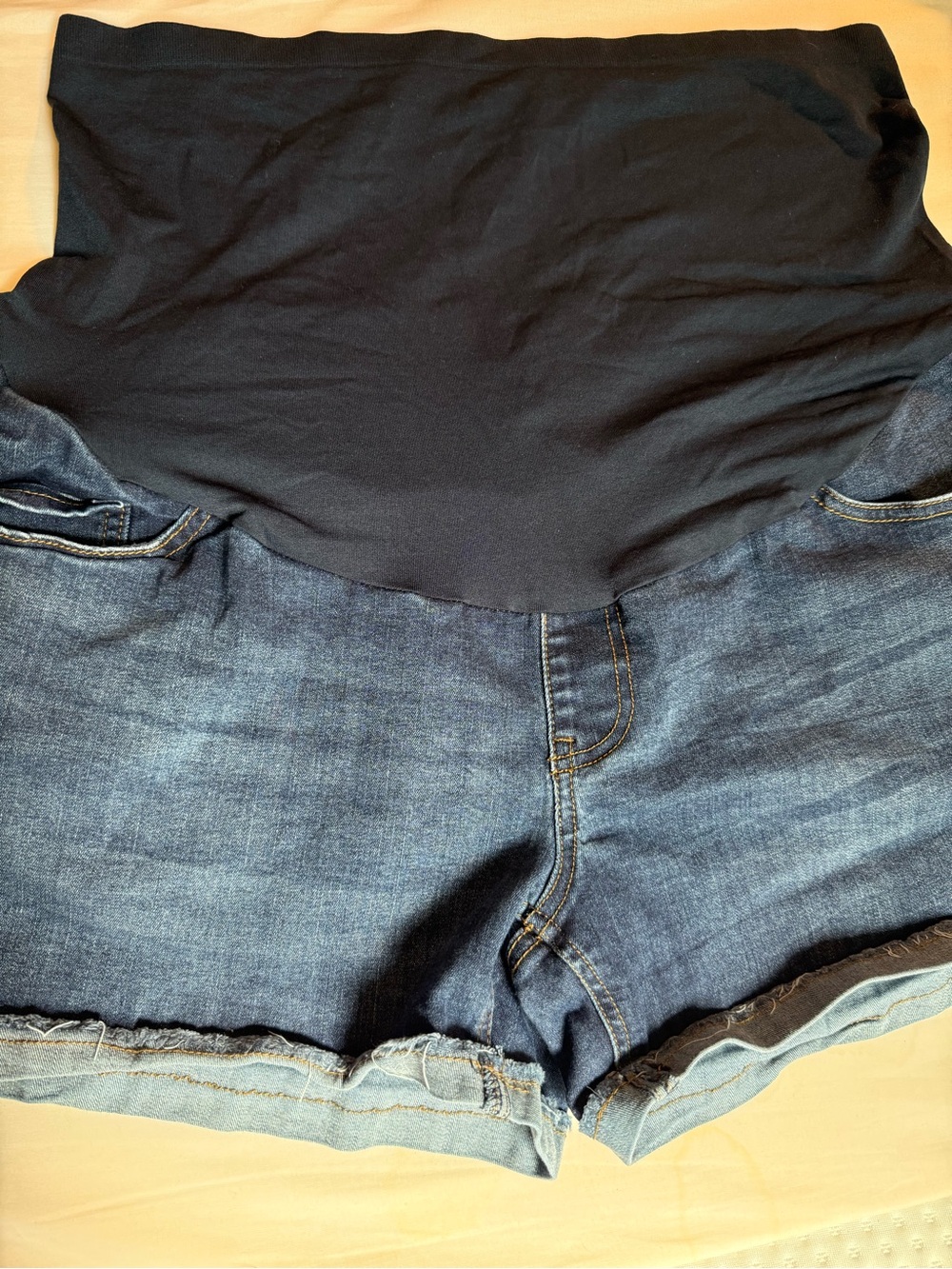 Time and Tru High-Waist Maternity Denim Shorts in Blue and Black